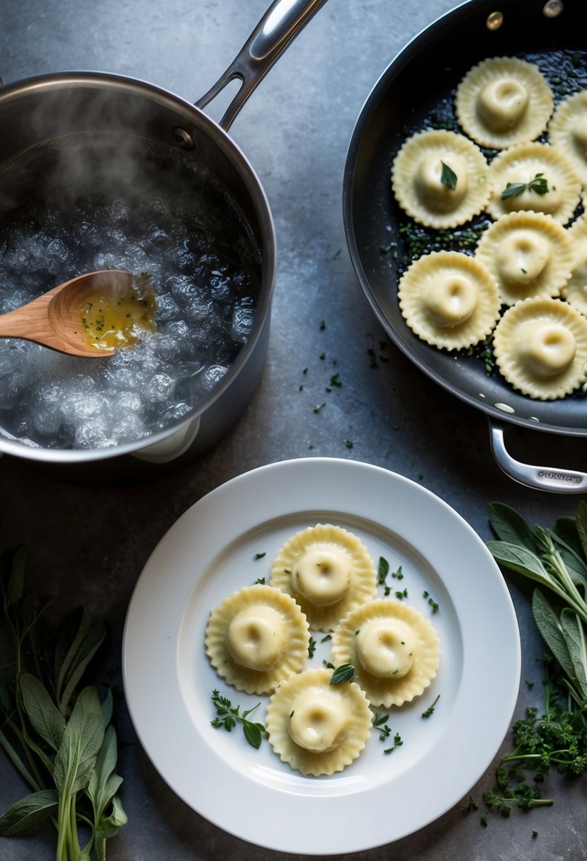 A pot of boiling water, a pan with sizzling sage butter, and a plate of freshly made ravioli with scattered herbs