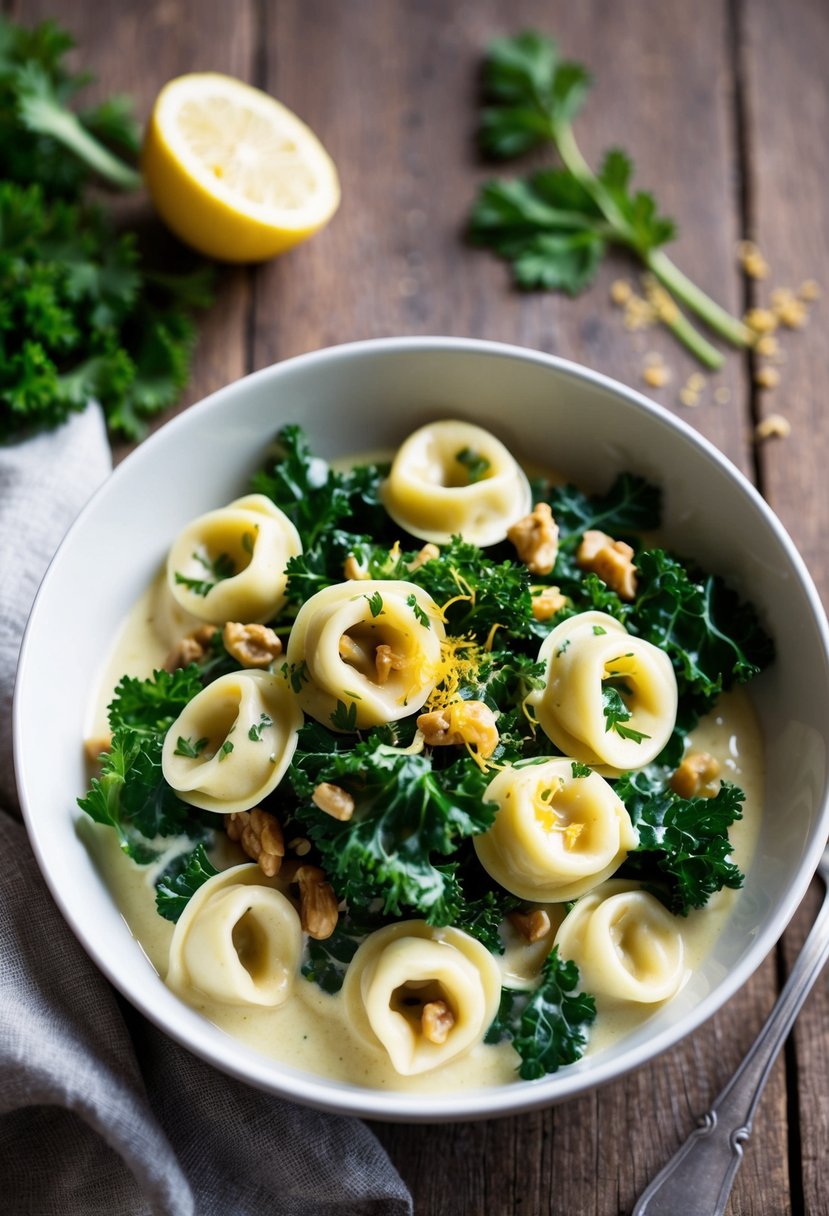 A bowl of kale and walnut tortellini in a creamy lemon sauce, garnished with fresh herbs and lemon zest, sits on a rustic wooden table