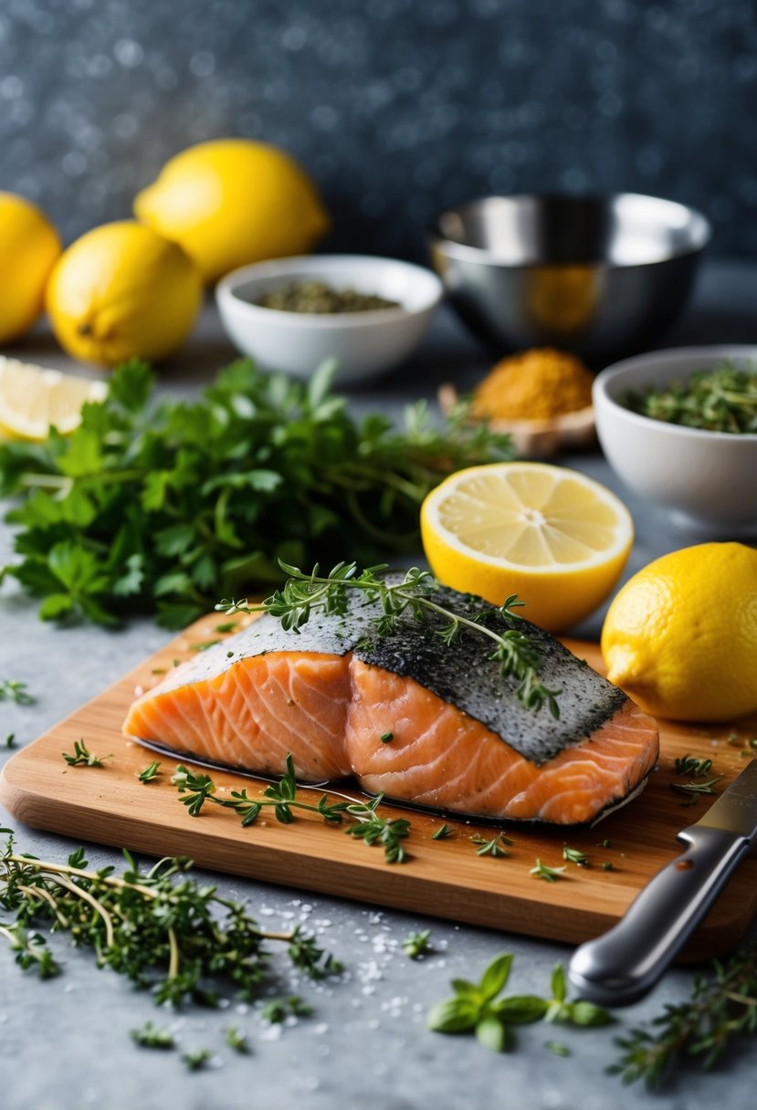 A fresh thyme lemon salmon dish being prepared on a cutting board with various herbs and ingredients scattered around