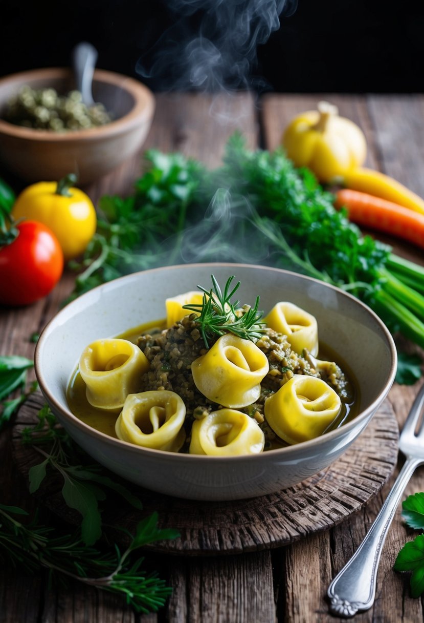 A steaming bowl of artichoke tortellini topped with olive tapenade sits on a rustic wooden table, surrounded by fresh herbs and colorful vegetables