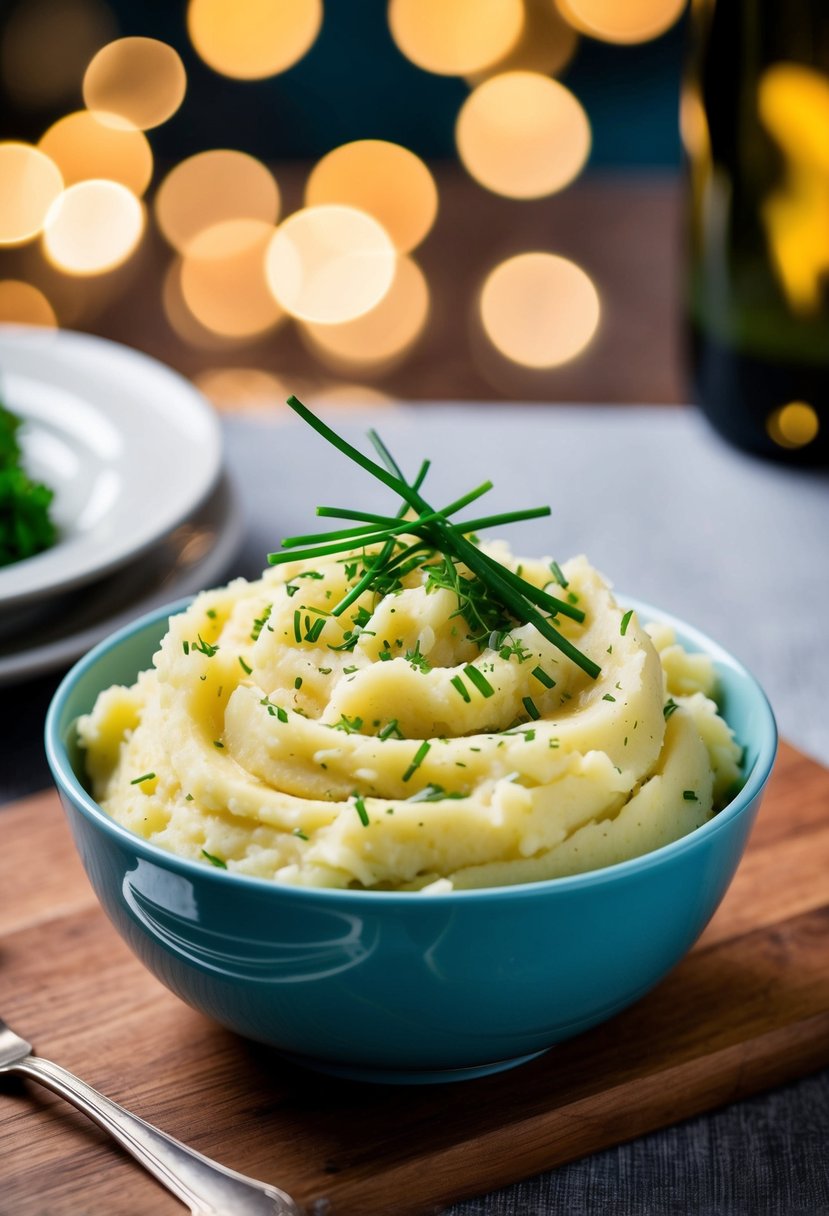 A bowl of chive mashed potatoes topped with fresh herbs on a dinner table