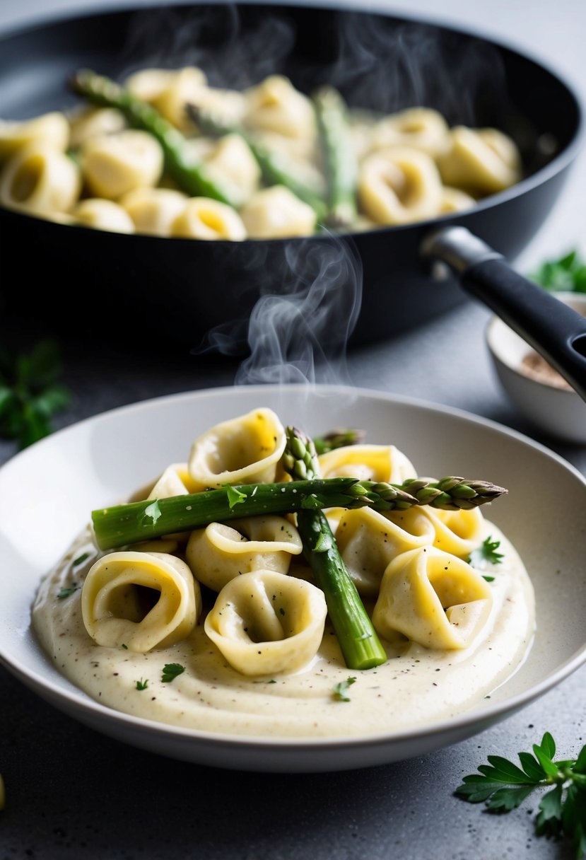 A steaming plate of asparagus tortellini sits atop a creamy vegan alfredo sauce, garnished with fresh herbs and cracked black pepper