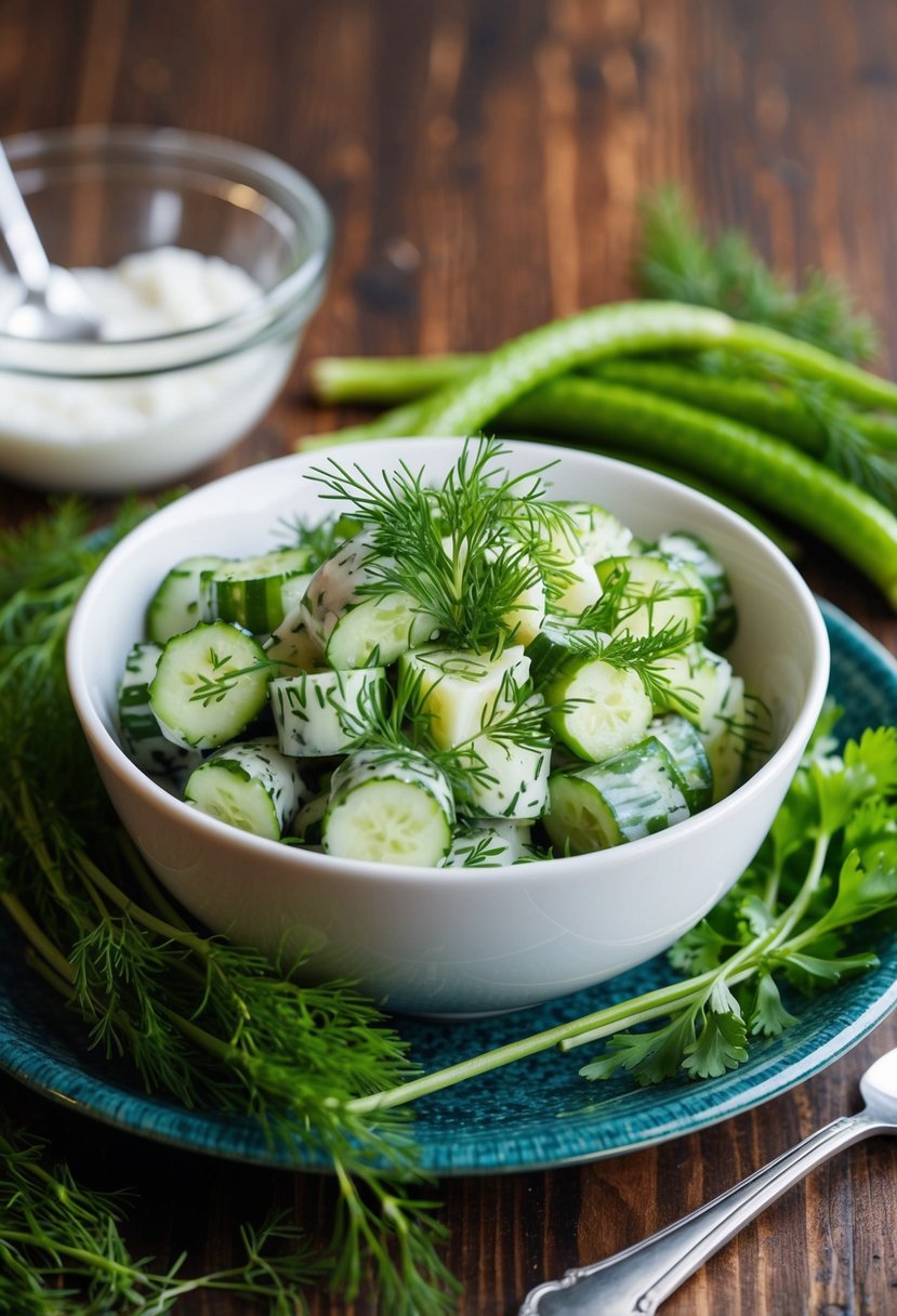 A bowl of dill cucumber salad surrounded by fresh herbs on a wooden table