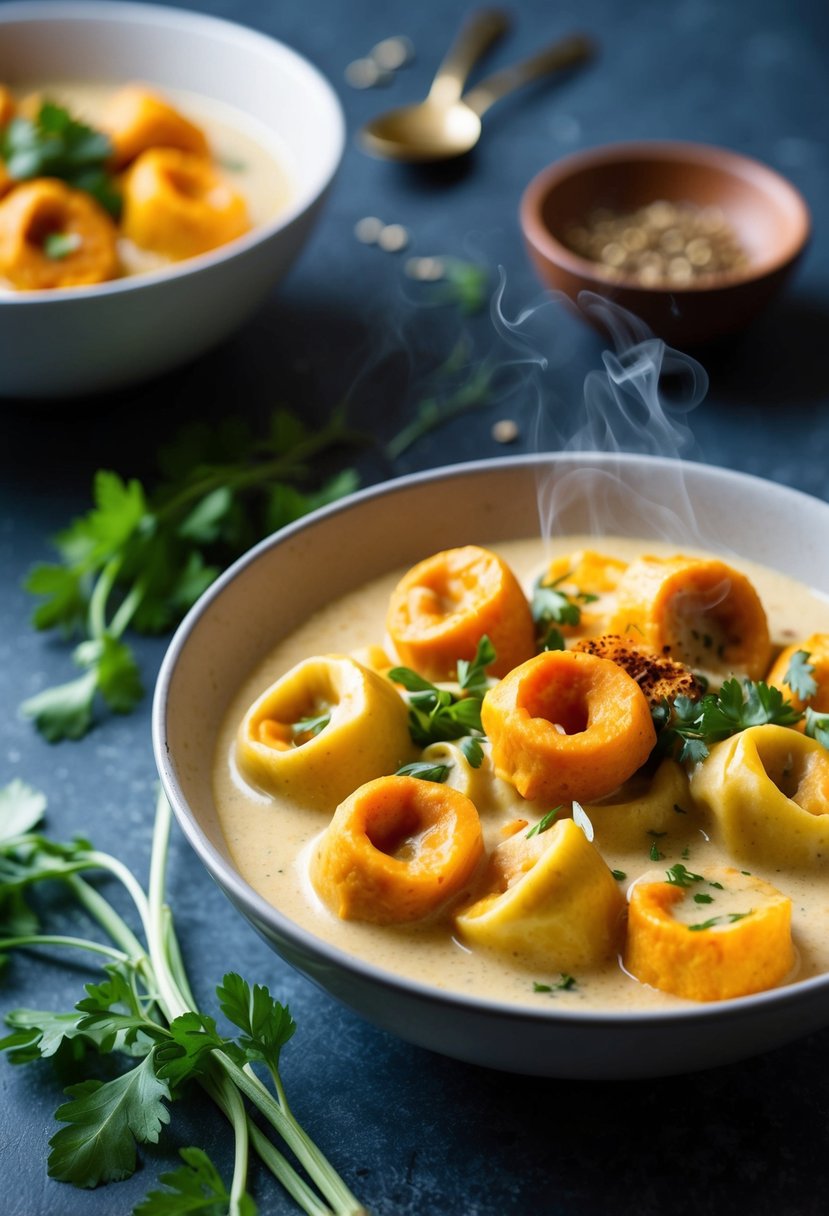 A steaming bowl of sweet potato tortellini floats in a creamy coconut curry sauce, garnished with fresh herbs and spices