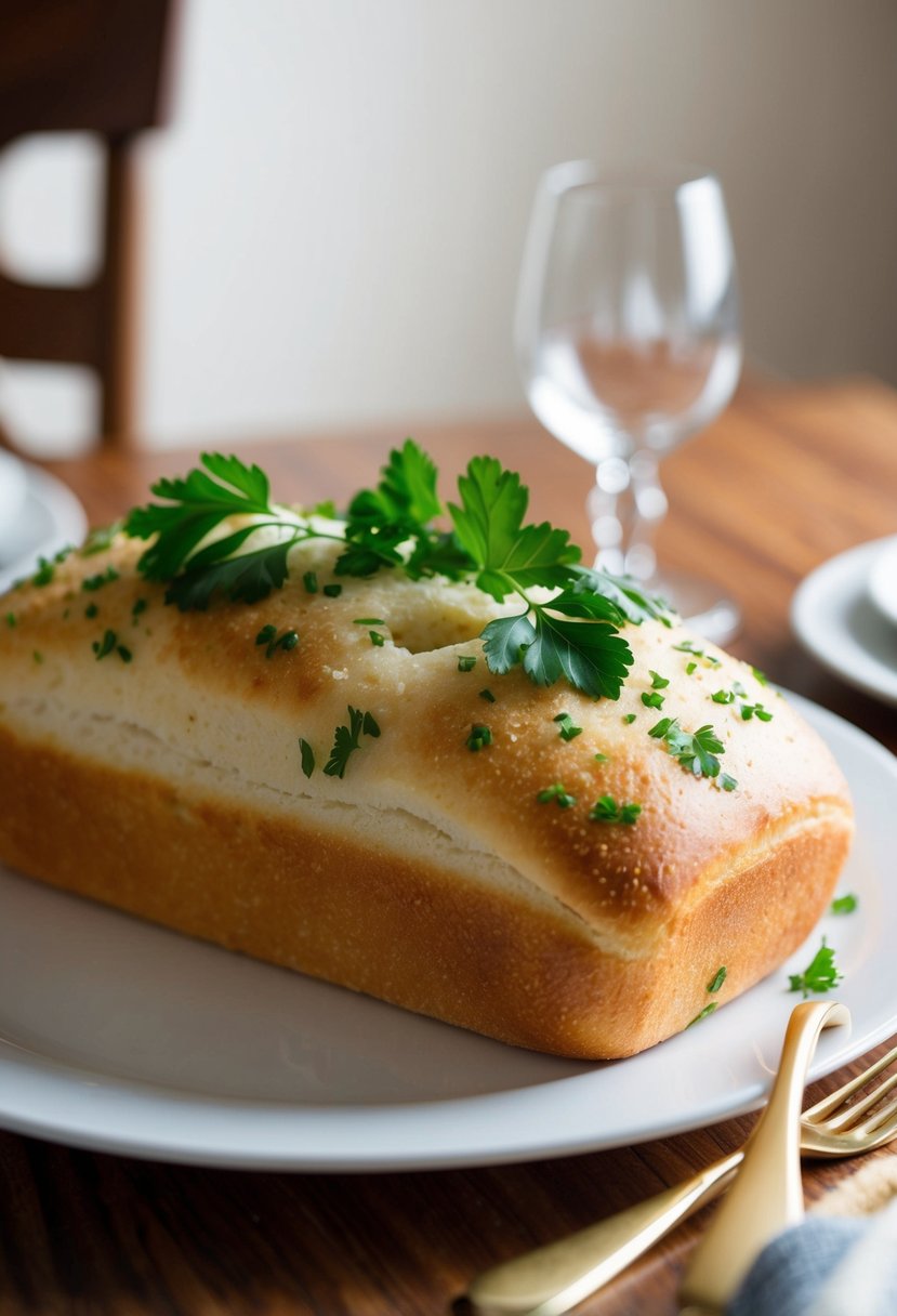 A loaf of garlic bread topped with fresh parsley, sitting on a dinner table