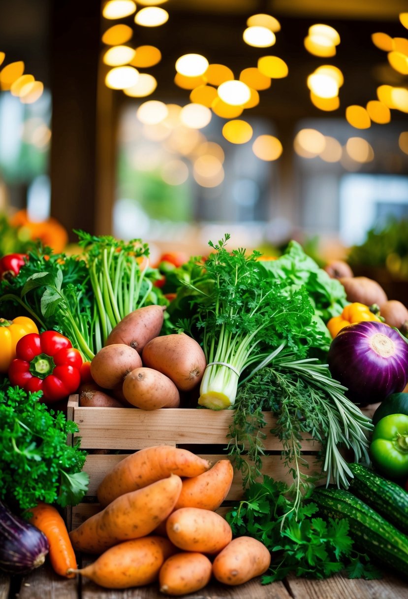 A colorful array of fresh vegetables and herbs spilling out of a wooden crate, with sweet potatoes front and center