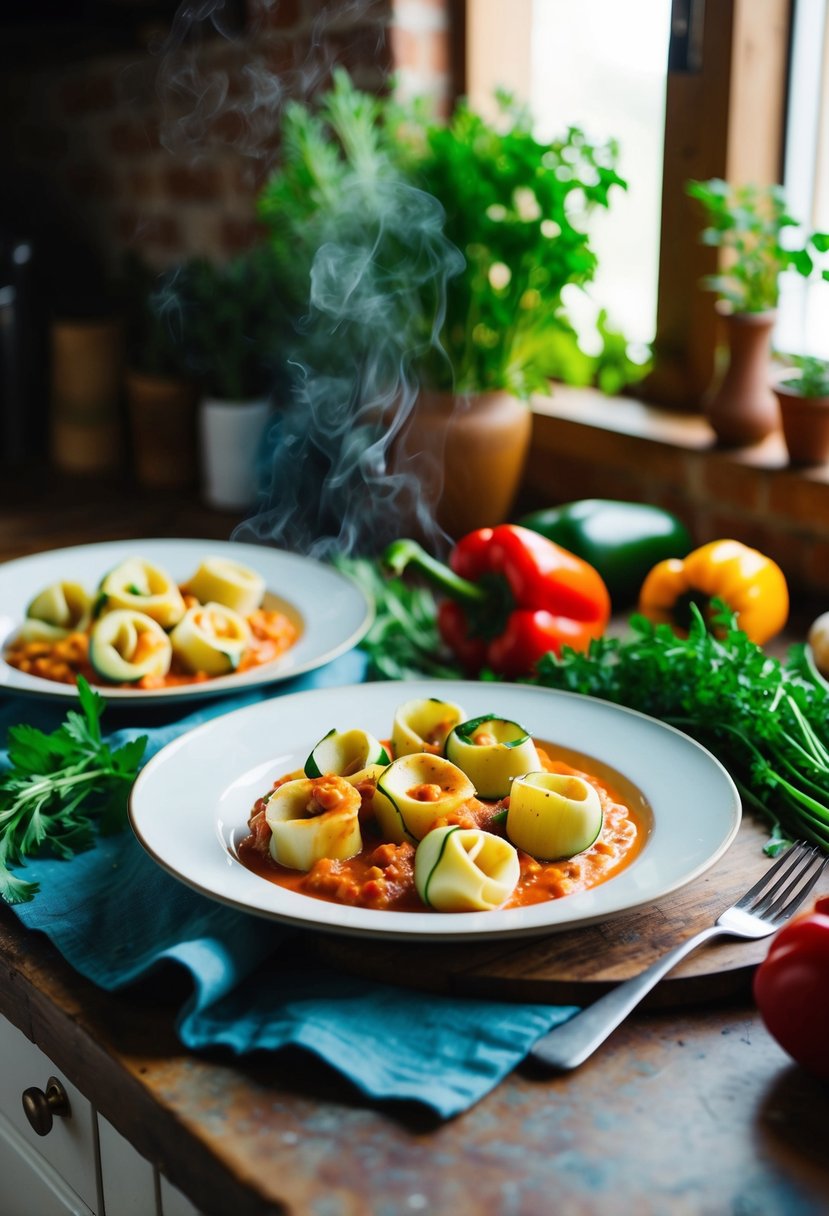 A rustic kitchen counter with a steaming plate of zucchini tortellini in a vibrant roasted red pepper sauce, surrounded by fresh herbs and colorful vegetables