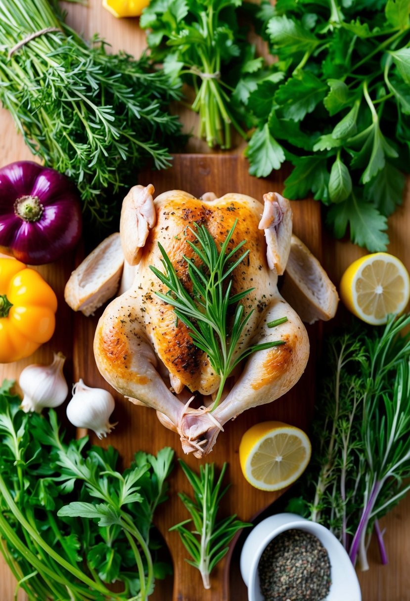 A colorful array of fresh tarragon, chicken, and vibrant herbs arranged on a wooden cutting board