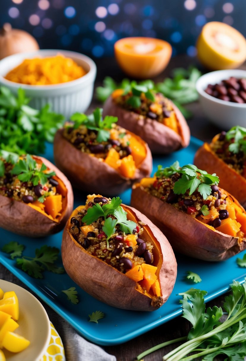 A colorful array of quinoa and black bean stuffed sweet potatoes, garnished with fresh herbs and vibrant vegetables