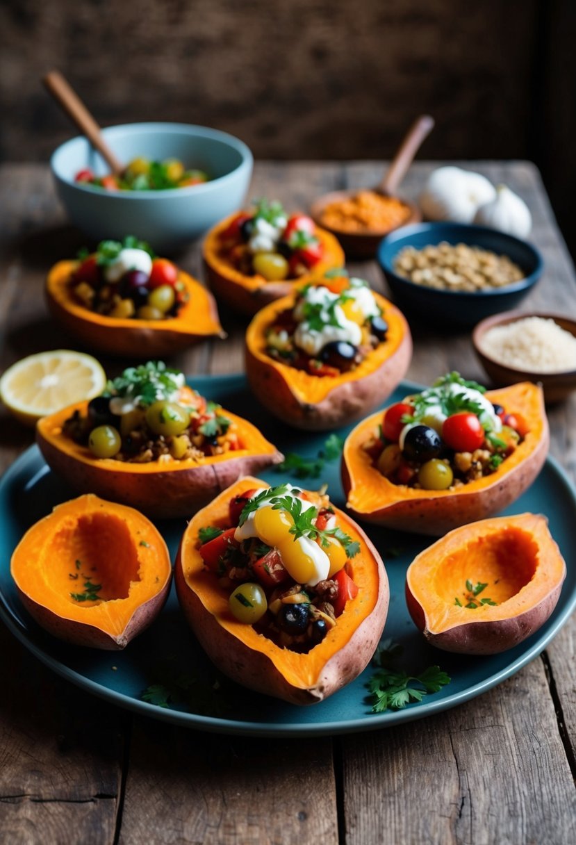 A colorful array of Mediterranean ingredients overflowing from halved sweet potatoes on a rustic wooden table