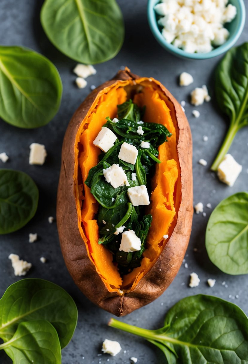 A baked sweet potato split open and filled with spinach and feta, surrounded by fresh ingredients like spinach leaves and crumbled feta