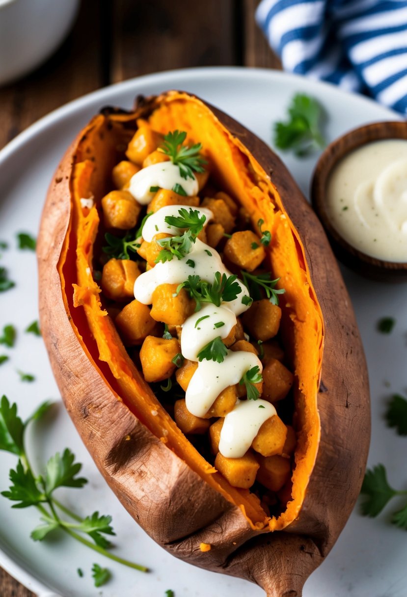 A baked sweet potato split open and filled with buffalo chickpeas, topped with fresh herbs and a drizzle of creamy sauce