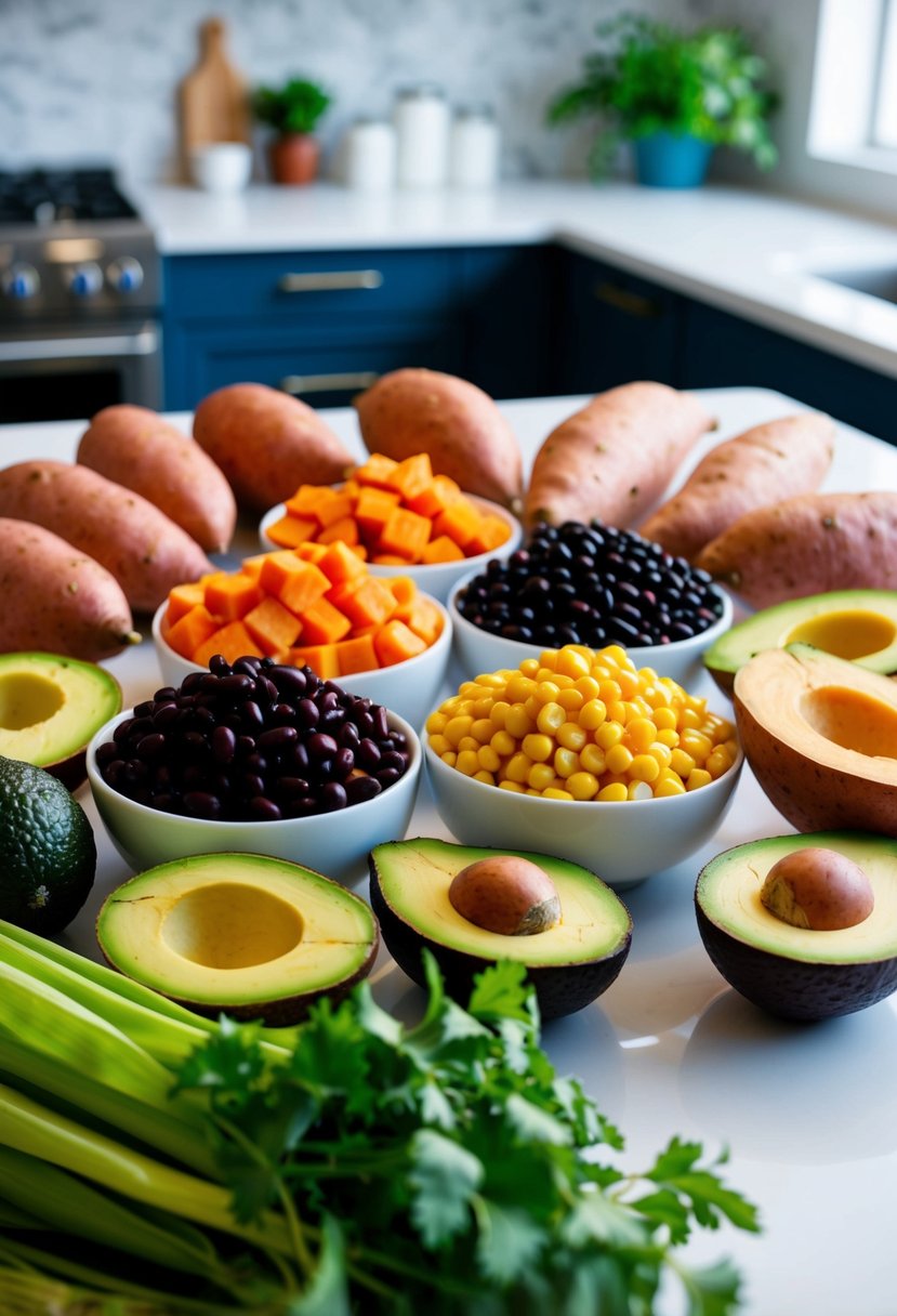 A colorful array of fresh ingredients like sweet potatoes, black beans, corn, and avocado, arranged on a clean kitchen counter