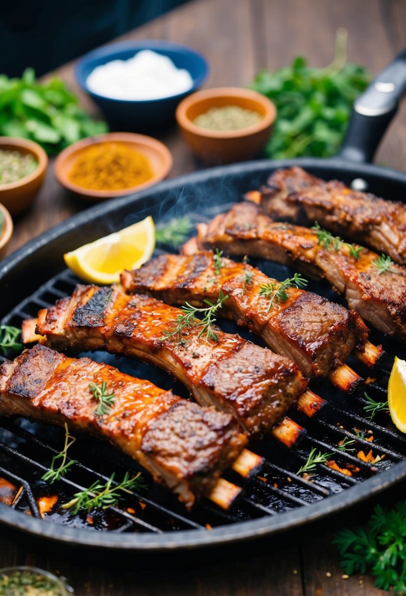 A platter of succulent beef ribs sizzling on a hot grill, surrounded by aromatic herbs and spices