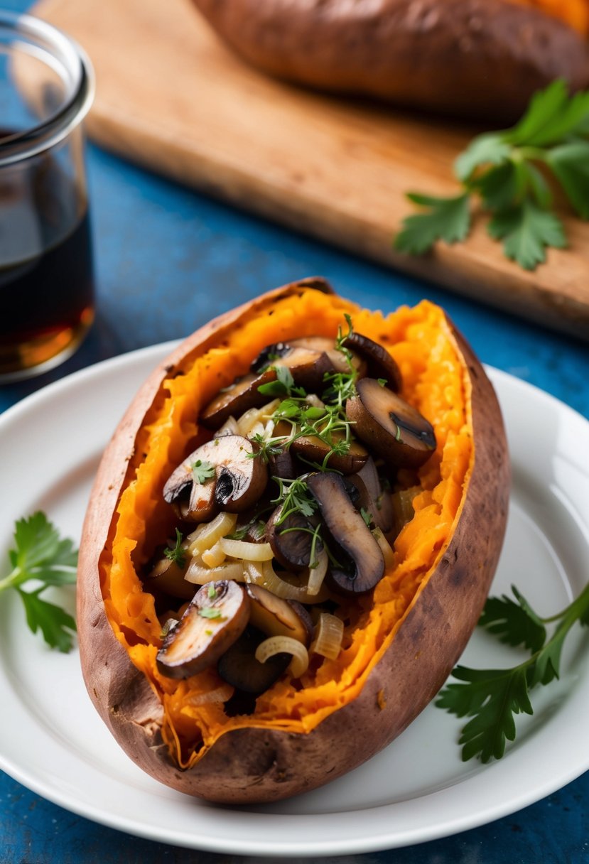 A sweet potato split open and filled with balsamic mushrooms and onions, topped with fresh herbs and ready to be served