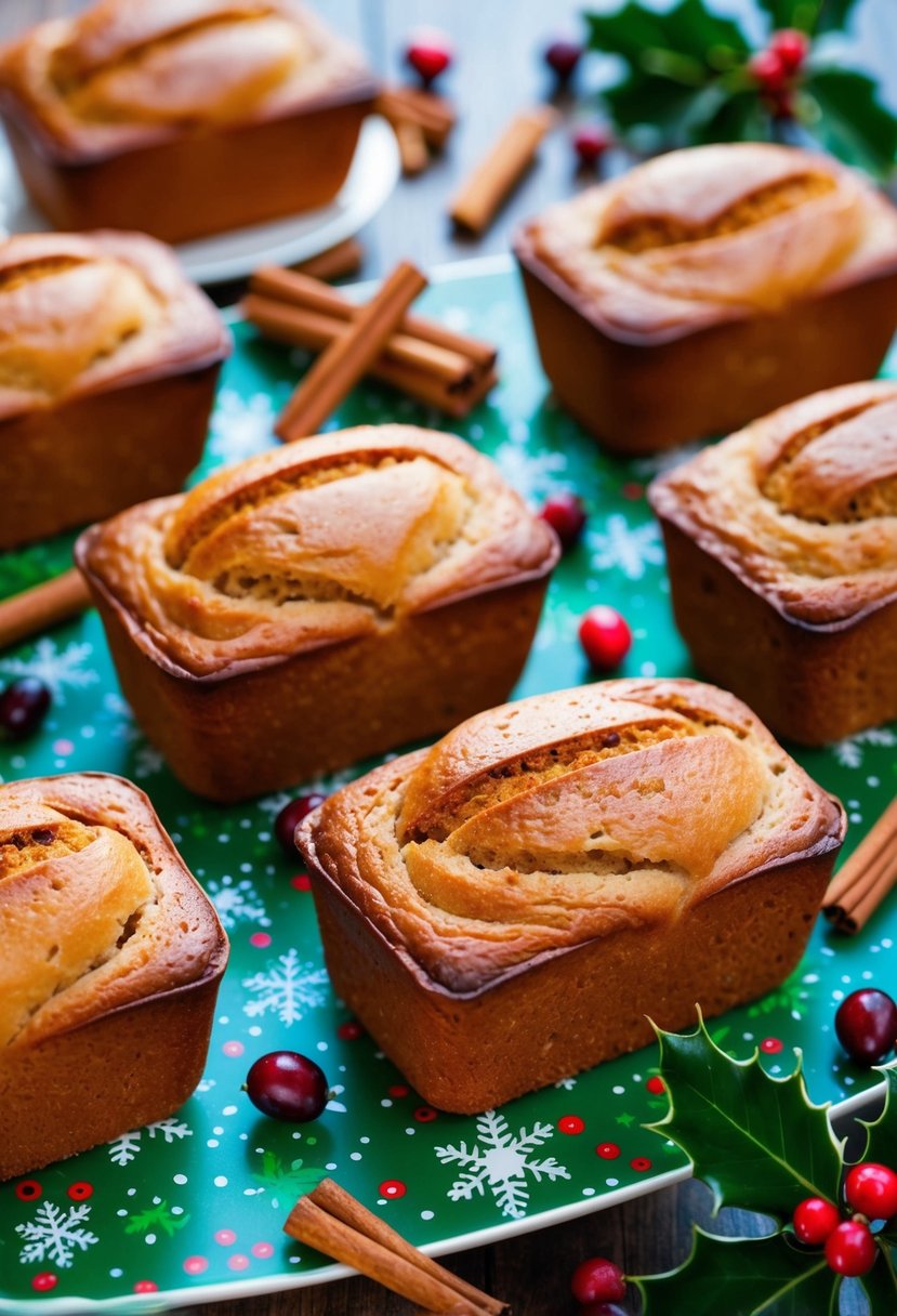 Mini bread loaves cooling on a festive Christmas-themed table with cinnamon sticks, cranberries, and sprigs of holly scattered around