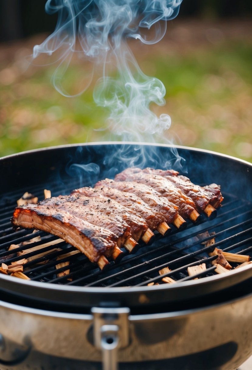 A rack of beef ribs smoking on a BBQ grill, surrounded by hickory wood chips and a faint trail of smoke rising into the air