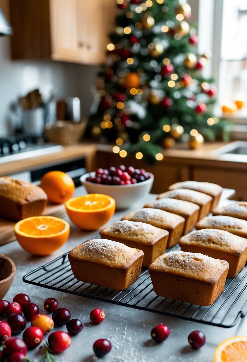 A festive kitchen scene with cranberries, oranges, and mini bread loaves being prepared for Christmas