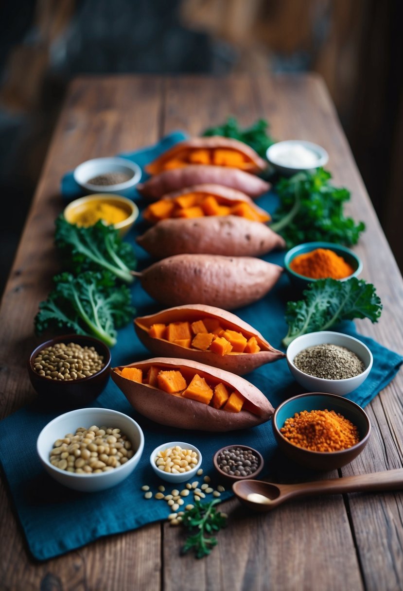 A rustic wooden table with a colorful arrangement of whole sweet potatoes, lentils, kale, and various herbs and spices