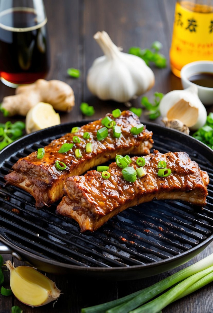 A sizzling grill with marinated beef ribs, surrounded by vibrant ingredients like garlic, ginger, soy sauce, and green onions