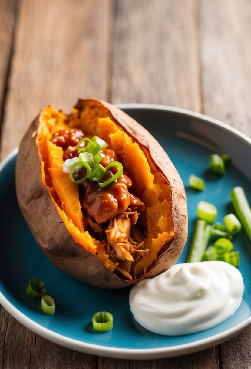 A baked sweet potato split open with BBQ pulled chicken spilling out, topped with green onions and a dollop of Greek yogurt