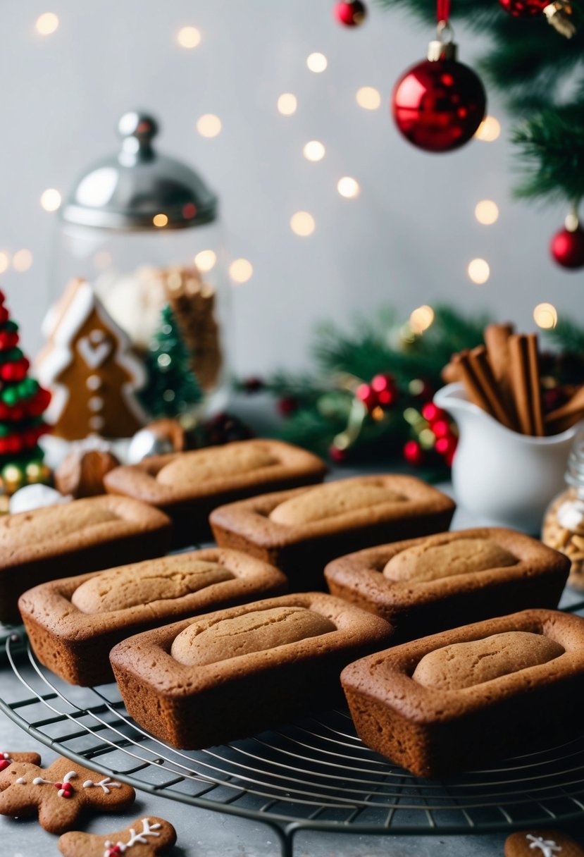 A festive kitchen scene with gingerbread mini loaves cooling on a wire rack, surrounded by holiday decorations and ingredients