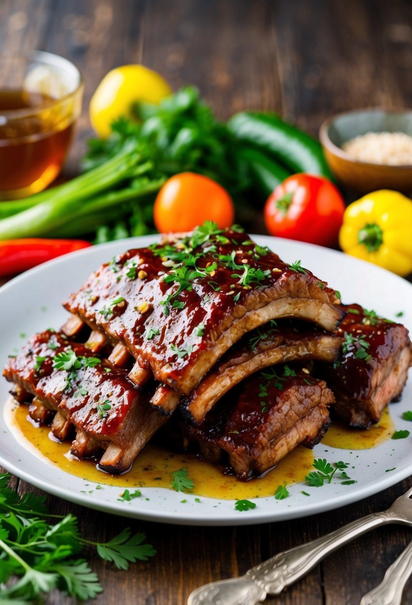 A platter of honey garlic beef ribs with a glossy glaze, garnished with fresh herbs and surrounded by colorful vegetables