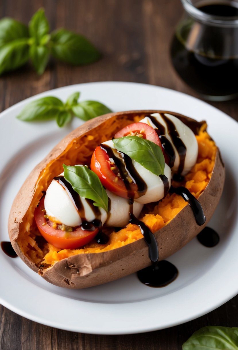 A sweet potato split open and stuffed with tomatoes, mozzarella, and basil, drizzled with balsamic glaze, on a white plate