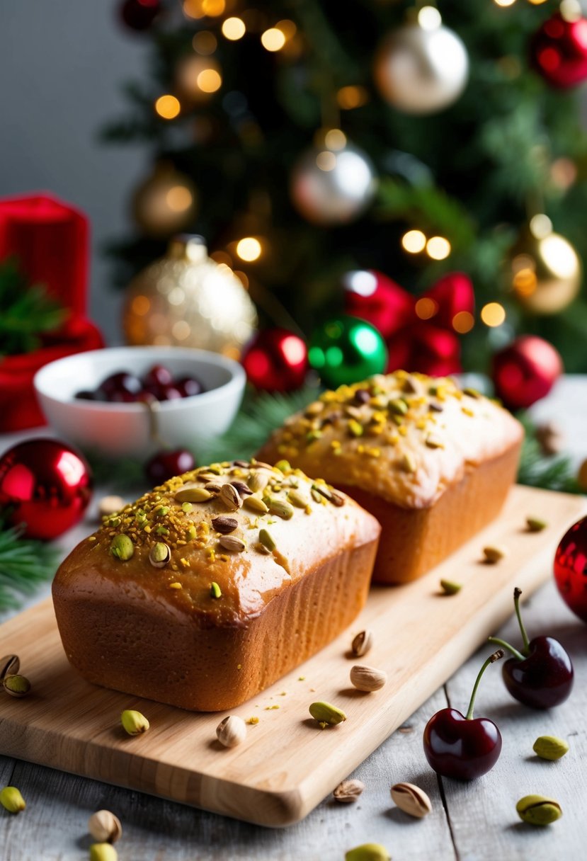 A festive holiday table with mini bread loaves topped with pistachios and cherries, surrounded by Christmas decorations