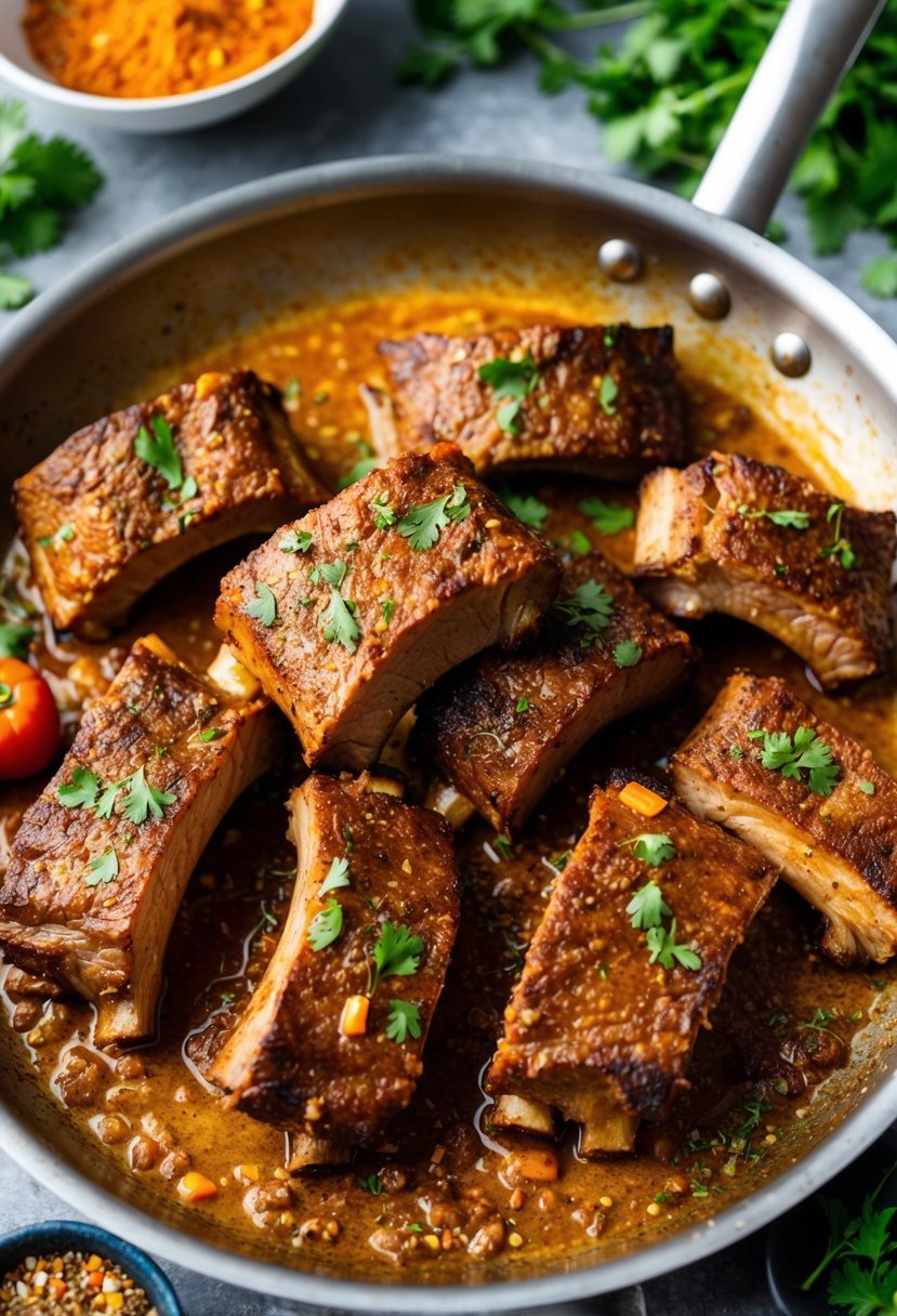 A sizzling pan of chipotle-marinated beef ribs, surrounded by vibrant spices and fresh herbs