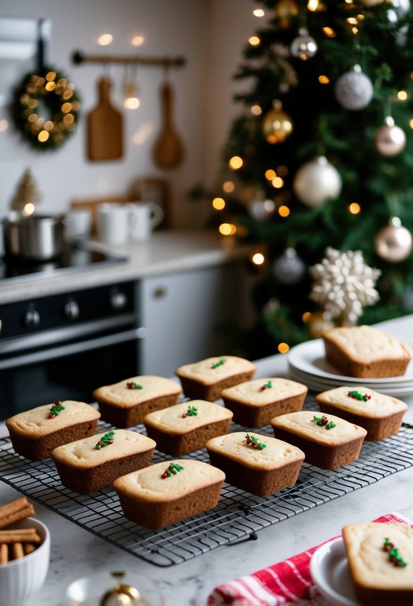 A cozy kitchen scene with a festive display of Eggnog Spice Mini Loaves cooling on a wire rack, surrounded by holiday decorations