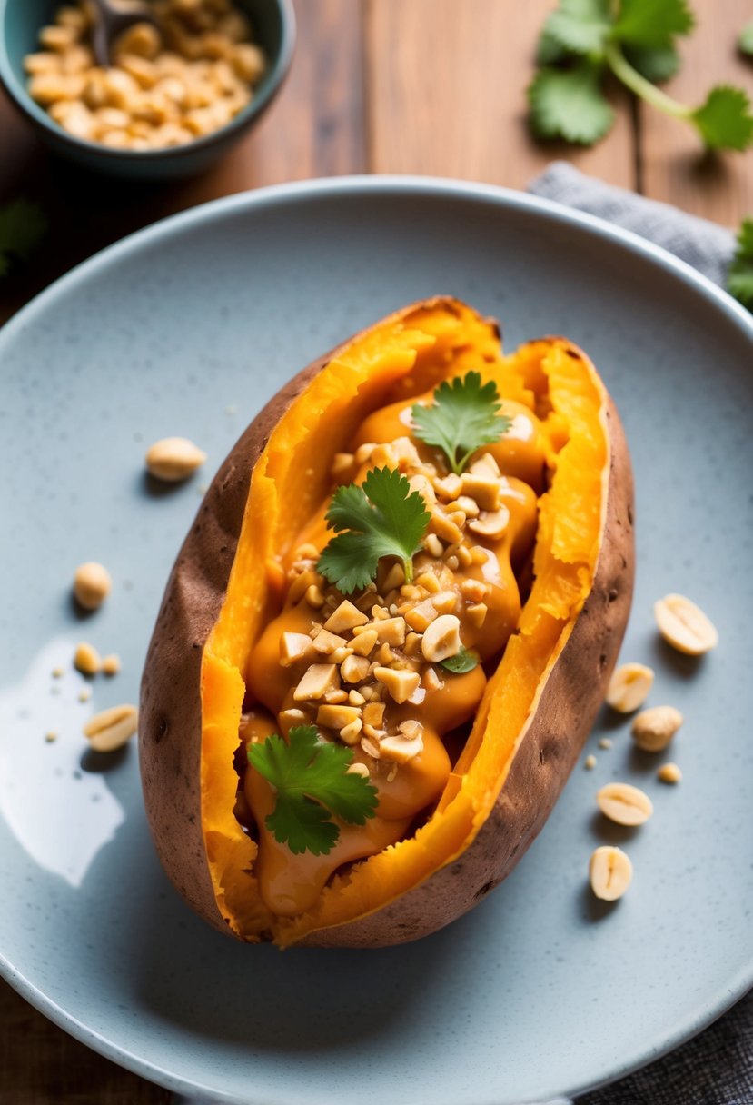 A sweet potato split open, filled with Thai peanut sauce, topped with crushed peanuts and cilantro