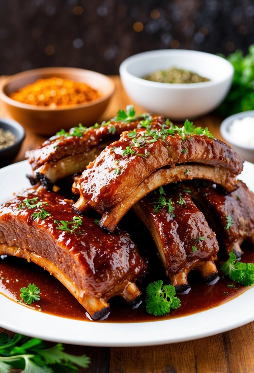 A platter of succulent beef ribs coated in a glossy, caramelized glaze, surrounded by vibrant herbs and spices