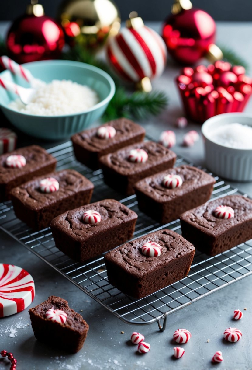 A festive kitchen scene with chocolate peppermint mini loaves cooling on a wire rack, surrounded by holiday decorations and ingredients