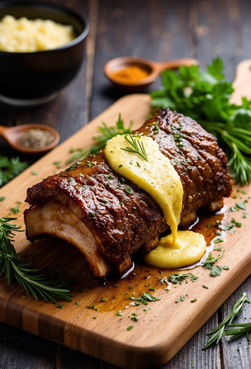 A sizzling beef rib coated in garlic butter, surrounded by fresh herbs and spices on a wooden cutting board