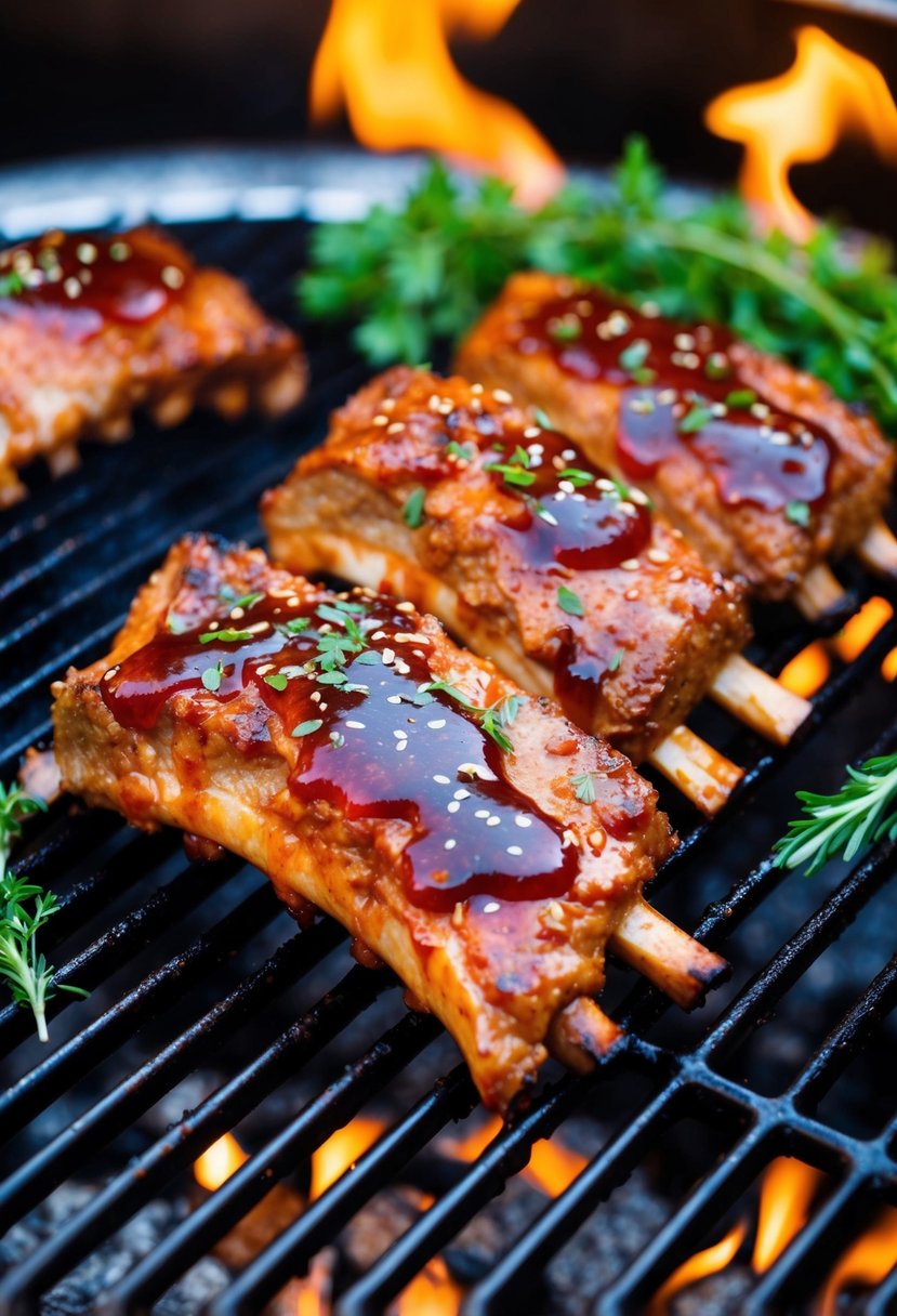 A sizzling grill with marinated beef ribs, dripping with teriyaki sauce, surrounded by fresh herbs and seasonings