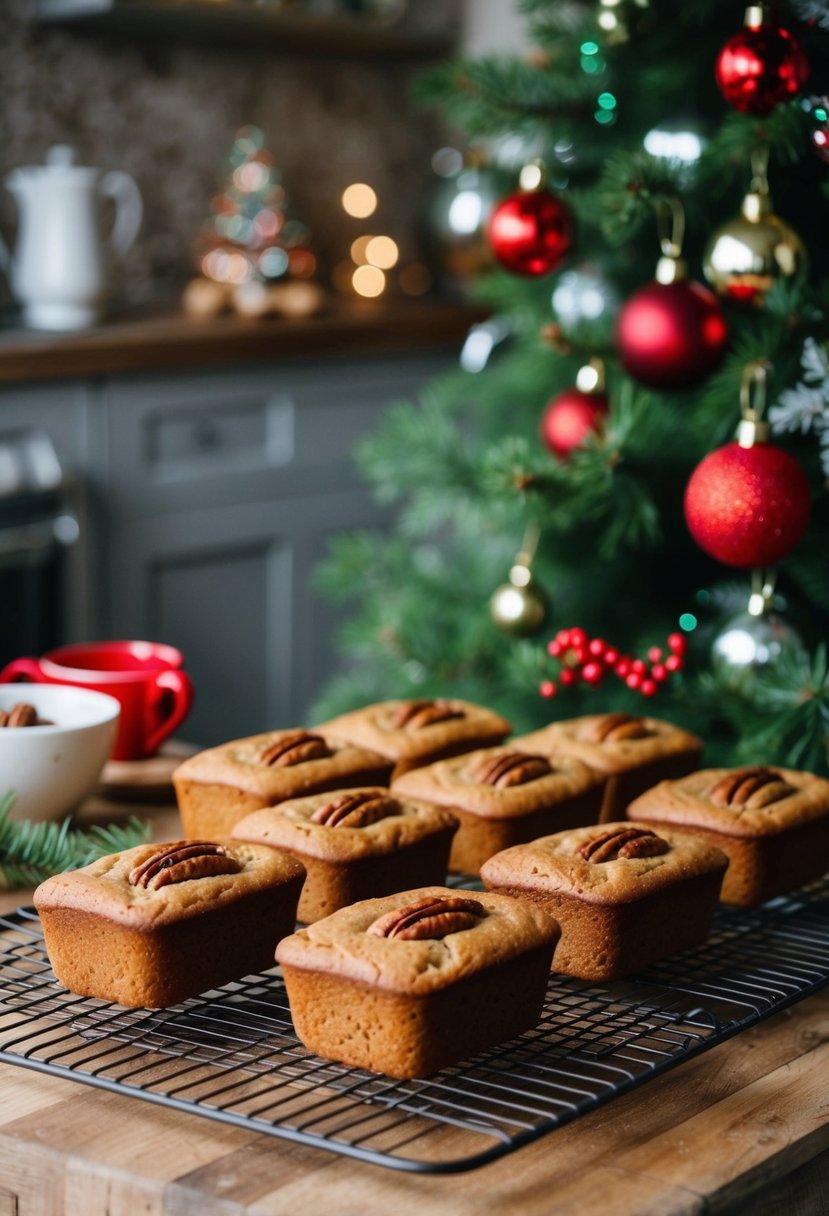 A rustic kitchen counter with freshly baked Maple Pecan Mini Loaves cooling on a wire rack, surrounded by festive Christmas decorations