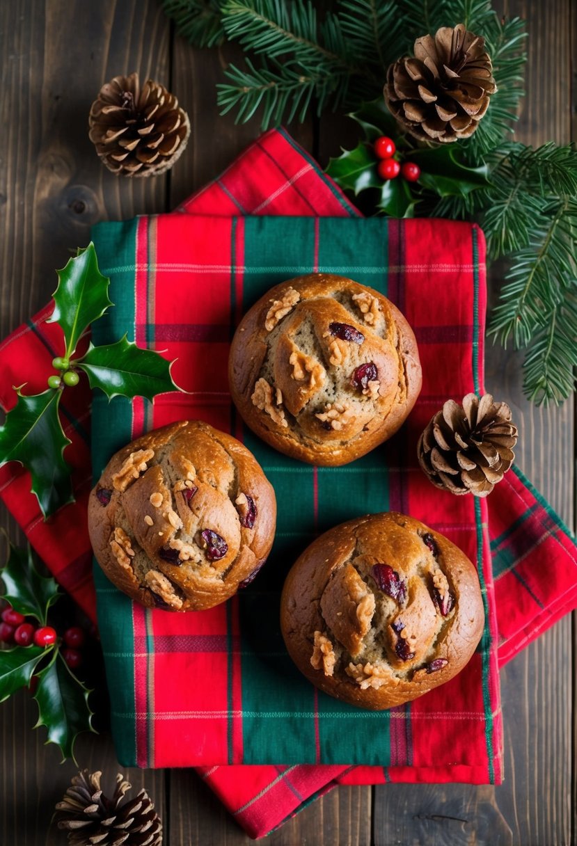 A rustic wooden table with three cranberry walnut mini bread loaves arranged on a festive red and green plaid cloth, surrounded by sprigs of holly and pine cones