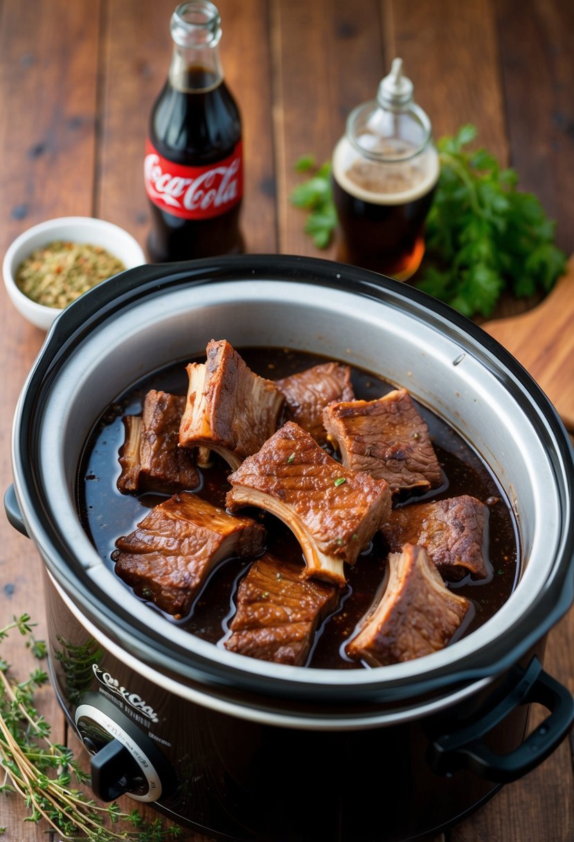 Beef ribs simmering in a slow cooker filled with Coca-Cola, surrounded by aromatic herbs and spices