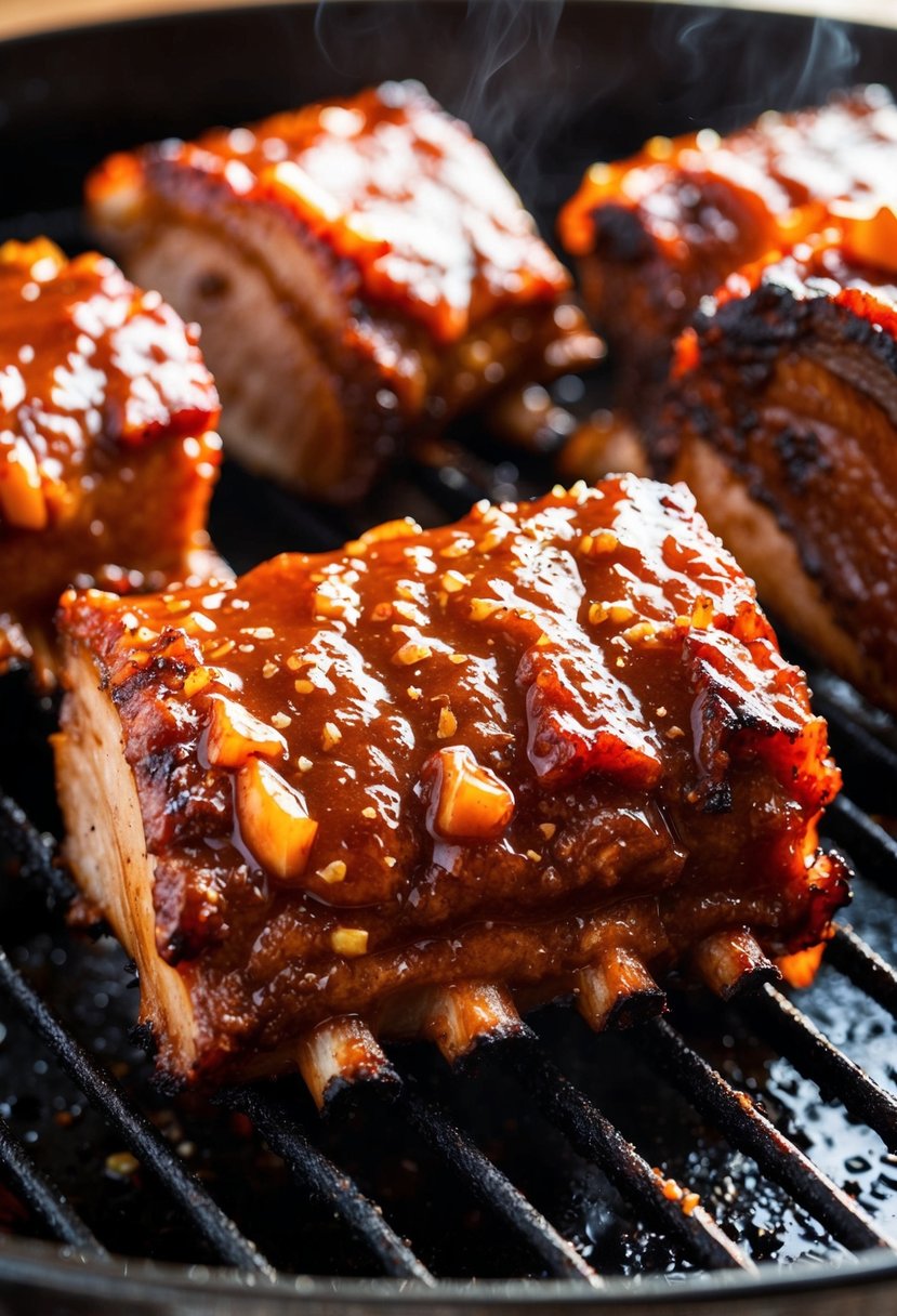 A sizzling beef rib coated in a rich bourbon glaze, glistening with caramelized sweetness and charred grill marks