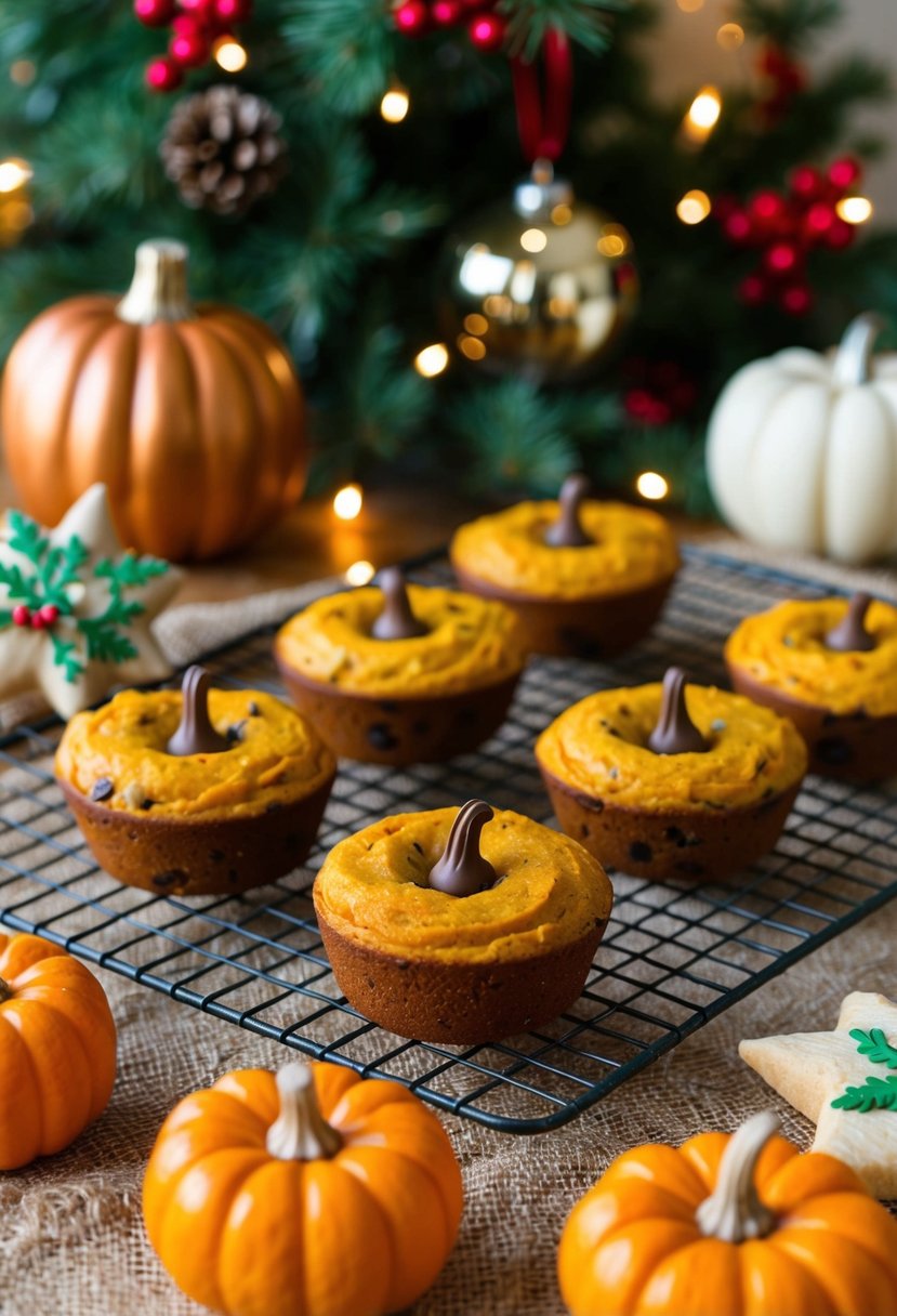 A festive kitchen scene with mini pumpkin chocolate chip loaves cooling on a wire rack, surrounded by holiday decorations