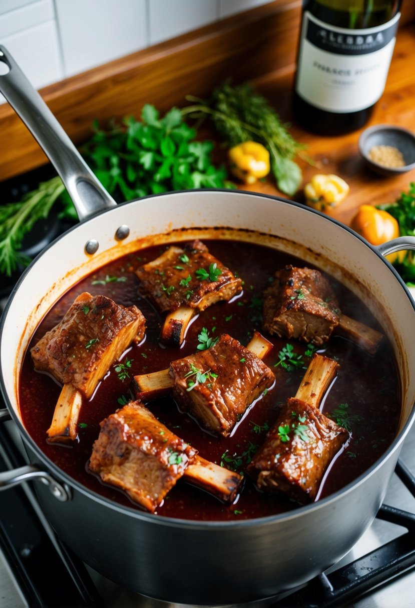 A pot simmering on a stove, filled with beef ribs bathed in a rich red wine sauce, surrounded by aromatic herbs and vegetables