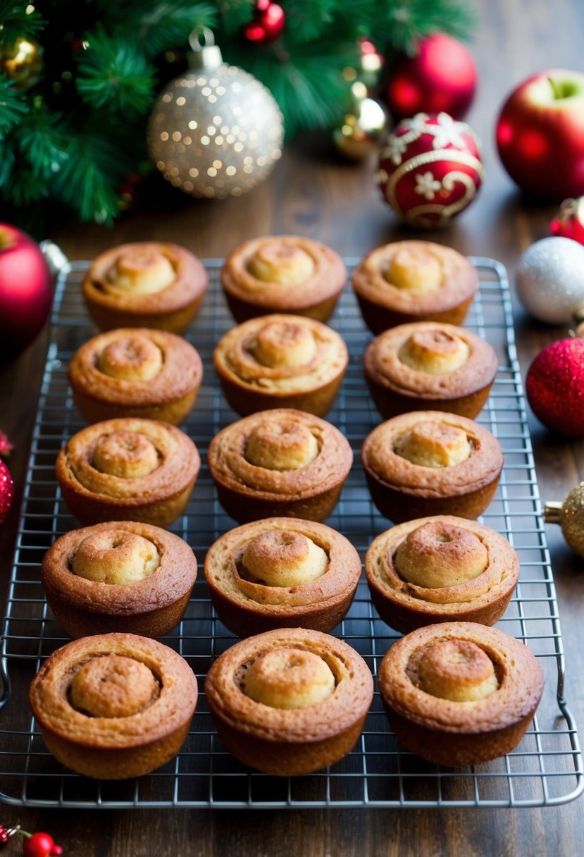 Freshly baked cinnamon apple mini loaves cooling on a wire rack, surrounded by festive Christmas decorations