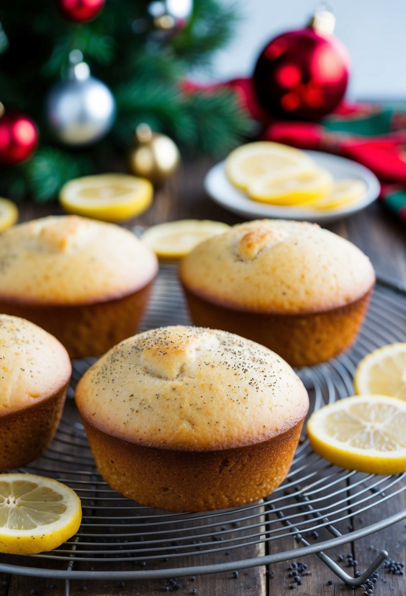 Mini loaves cooling on a wire rack, surrounded by scattered lemon slices and poppy seeds, with a festive Christmas backdrop