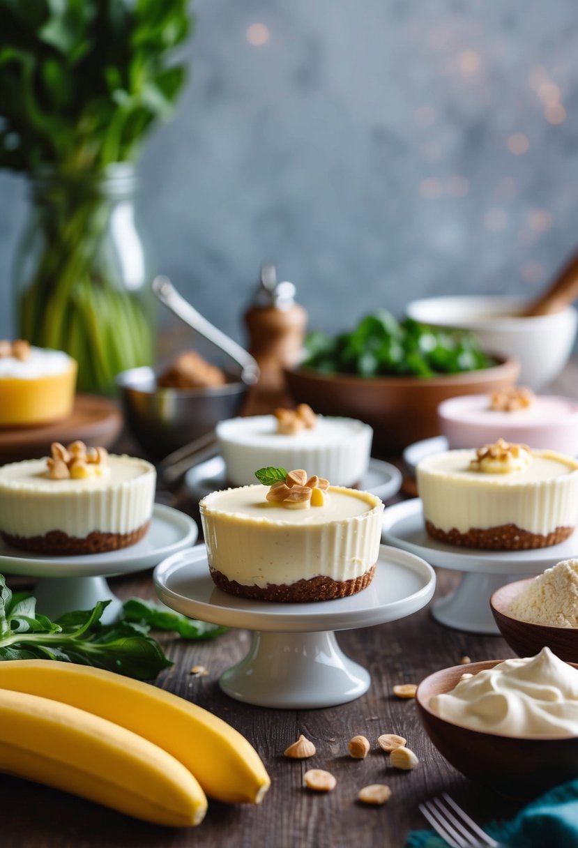 A table with assorted keto cream cheese desserts, surrounded by ingredients and kitchen utensils