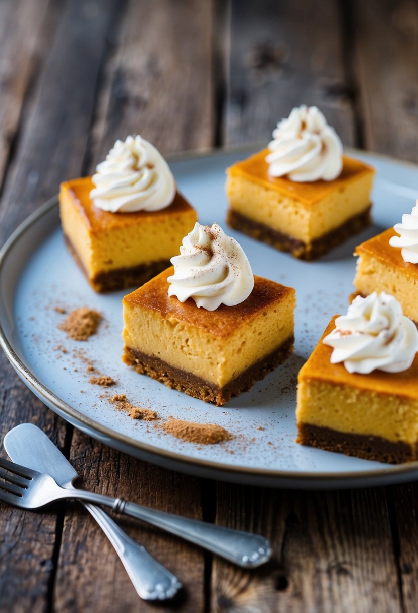 A platter of keto pumpkin cheesecake bars, garnished with a dollop of whipped cream and a sprinkle of cinnamon, sits on a rustic wooden table