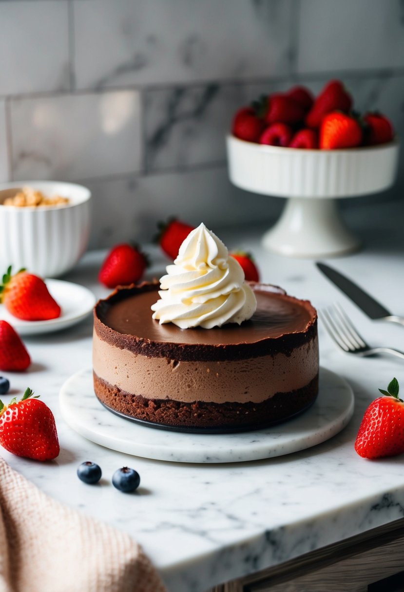 A decadent keto chocolate cheesecake sits on a marble countertop, surrounded by fresh berries and a dollop of whipped cream