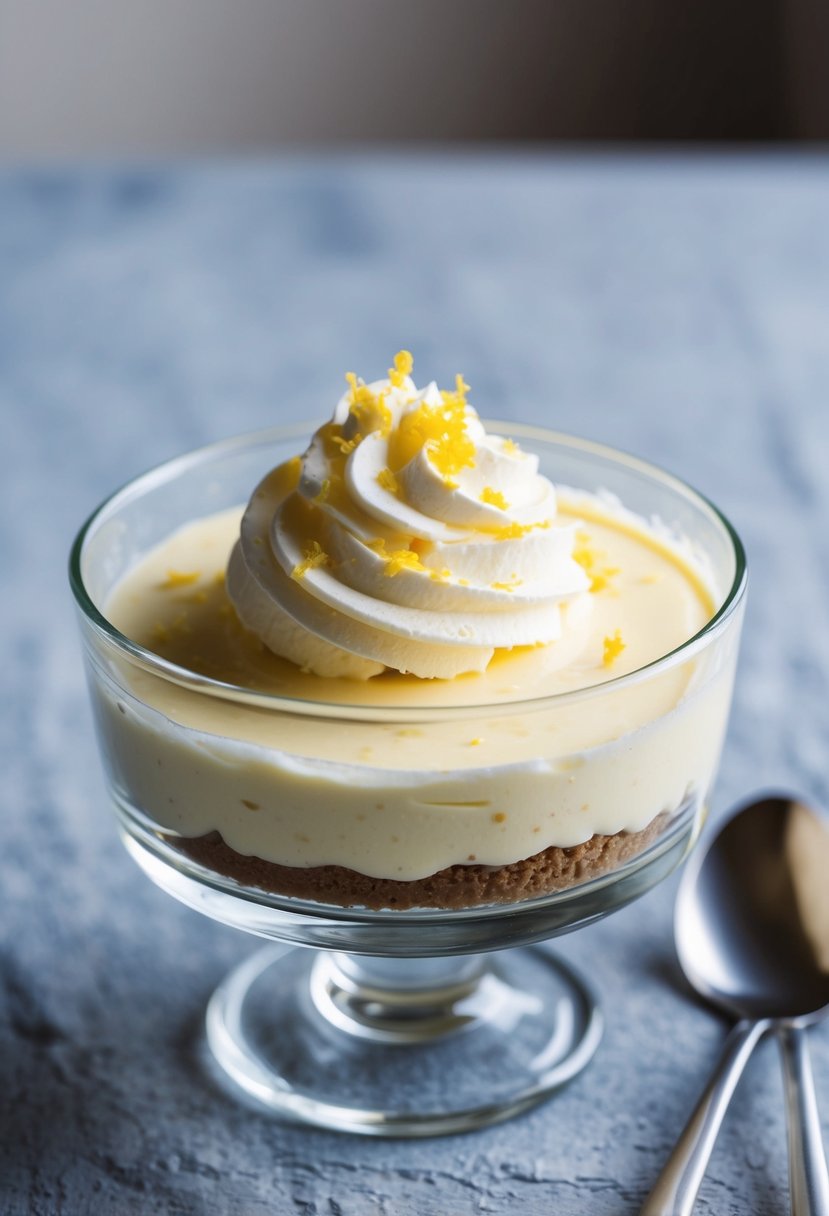 A glass bowl filled with creamy lemon cheesecake mousse, topped with a swirl of whipped cream and a sprinkle of lemon zest