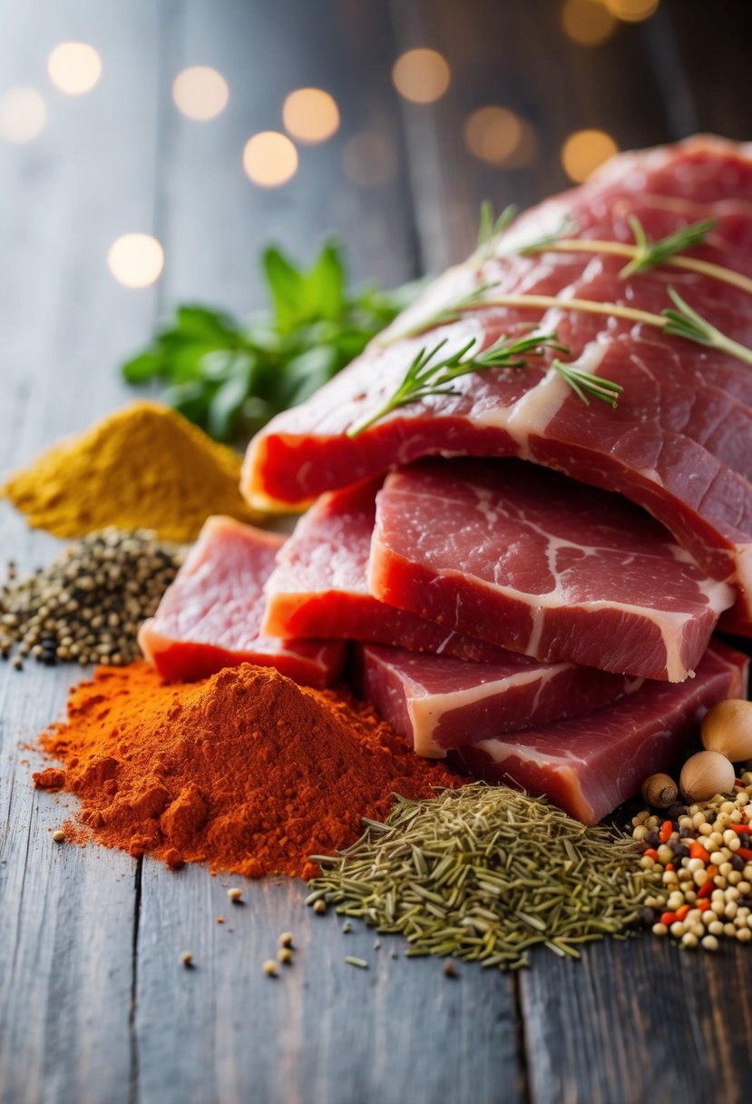 A variety of spices and herbs scattered around a pile of raw corned beef