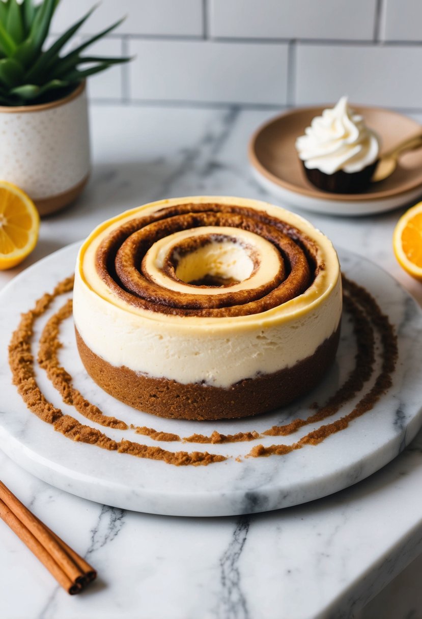 A keto cinnamon roll cheesecake sits on a marble countertop, surrounded by swirls of cinnamon and a dollop of whipped cream